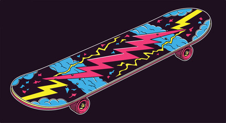 A skateboard with colorful lightning bolts and clouds © Komsatun