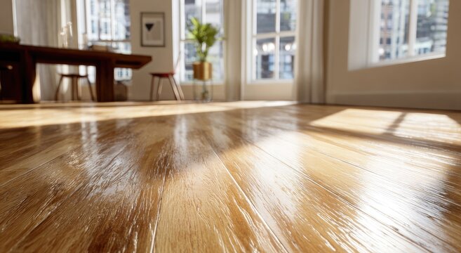 Sunlit polished wooden floor with dining table and chairs in background