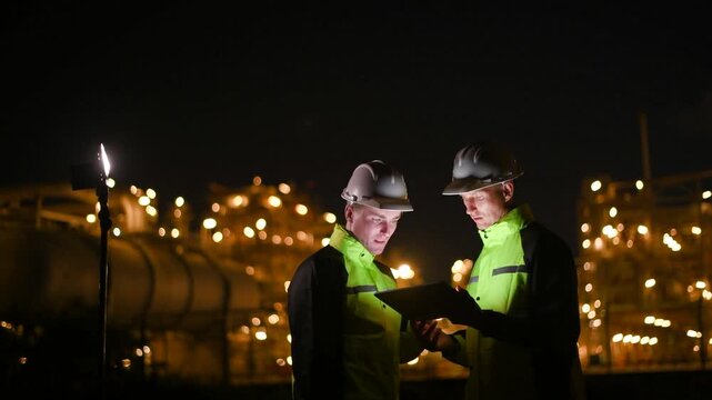 Engineer survey team wear uniform and helmet stand workplace checking blueprint project, tablet computer inspection work construction site with night lights oil refinery background.