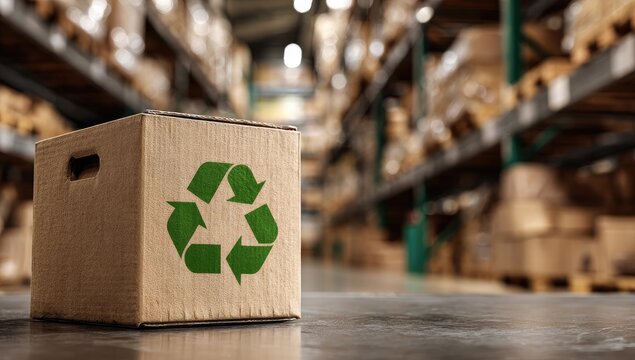 A cardboard box with a green recycling symbol sits prominently in front of blurred warehouse shelves.