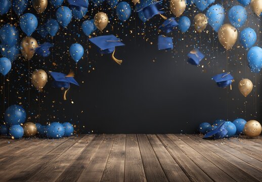 Graduation Celebration with Blue and Gold Balloons and Caps on Wooden Floor.