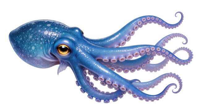 Blue octopus with purple suckers detailed tentacles, isolated on transparent background