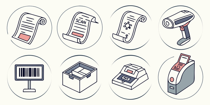 Scanners and receipt printers set for business retail and tracking systems with tracking business logistics inventory management checkout technology commerce terminal equipment scanners