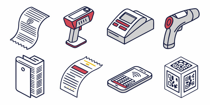 Retail transaction technology icons including receipt printers and scanning tools with transaction checkout technology business shopping inventory commerce equipment management automated