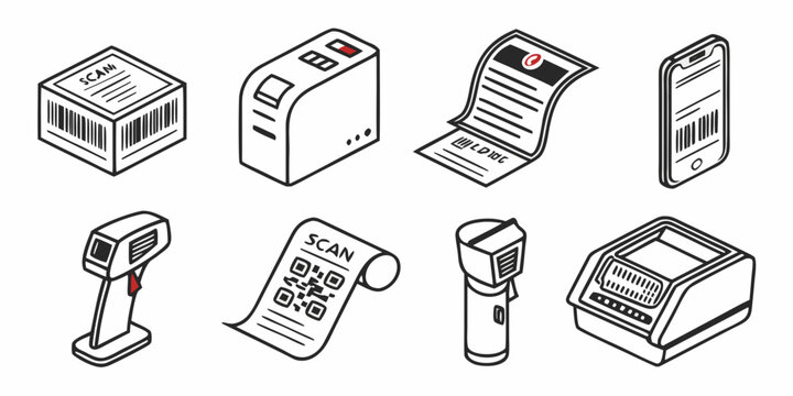 Black and white retail technology line icon set featuring scanners and printers technology business checkout shopping logistics inventory management commerce equipment automated monochrome