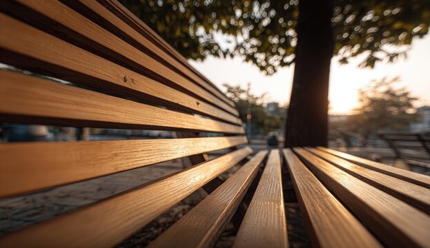 A warm, golden-lit perspective of a wooden park bench, partially obscured by foliage, suggests a tranquil moment of rest and reflection in a natural setting.