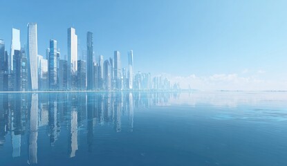 Fototapeta premium Gleaming modern city skyline reflected on calm, blue ocean under bright sky