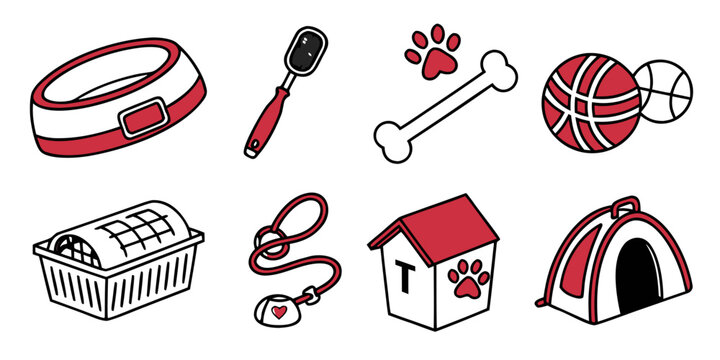 Pet care and grooming accessory icons featuring a collar brush bone toys pet housing grooming illustration domestic accessory training wellness equipment comfortable supplies playtime
