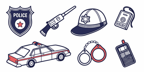 Police law enforcement equipment shield and patrol car icon set with handcuffs enforcement security emergency authority protection municipal government official detective collection © MST CHIN BANU BEGUM