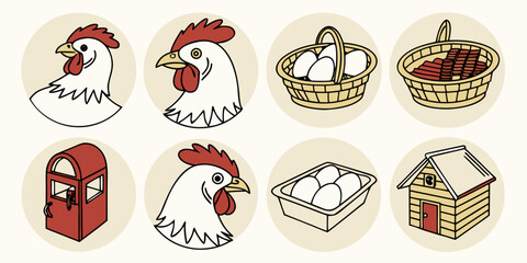 Collection of poultry farm and egg product icons with agriculture collection illustration livestock cockerel building structure business production domestic © MST CHIN BANU BEGUM