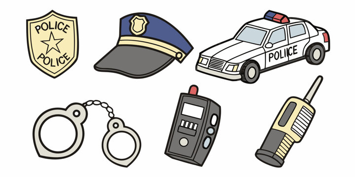 Set of police officer equipment and vehicle cartoon icons with handcuffs enforcement security equipment illustration collection emergency protection official criminal automobile transceiver