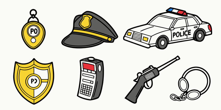 Police authority graphic icons featuring badge car and gear handcuffs enforcement security equipment illustration collection emergency protection official criminal automobile transceiver