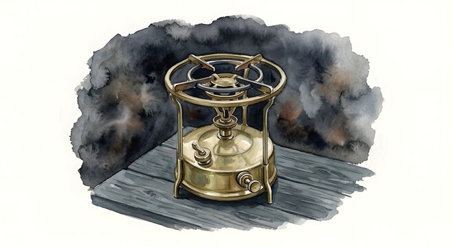 Watercolor illustration of a vintage brass kerosene camping stove on a wooden surface with a smoky background. Antique portable burner for bushcraft and outdoor adventures.