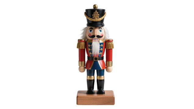 Traditional wooden nutcracker soldier in uniform, isolated on transparent background