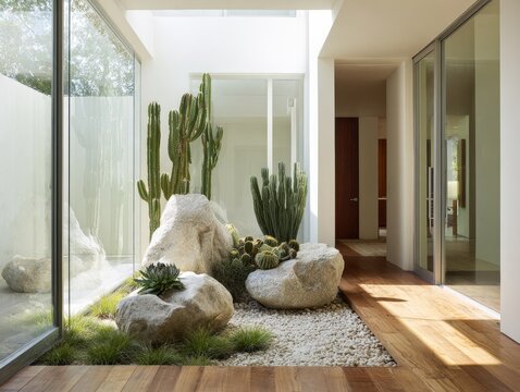 Modern home interior with a desert garden and natural light in an open atrium