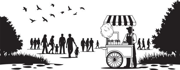 Obraz premium Black and white, silhouette illustration, food cart, vendor, city park scene, monochrome