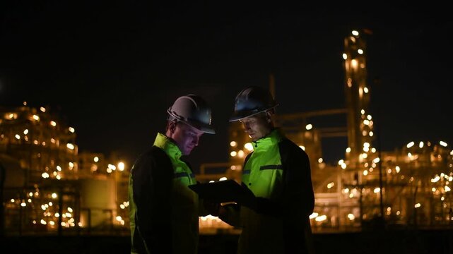 Engineer survey team wear uniform and helmet stand workplace checking blueprint project, tablet computer inspection work construction site with night lights oil refinery background.