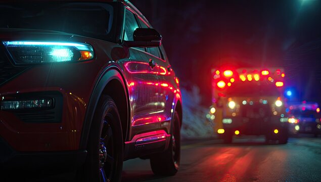 Emergency vehicles, including a police car and ambulance, illuminate a dark road with their flashing lights, creating a scene of urgency and potential crisis.