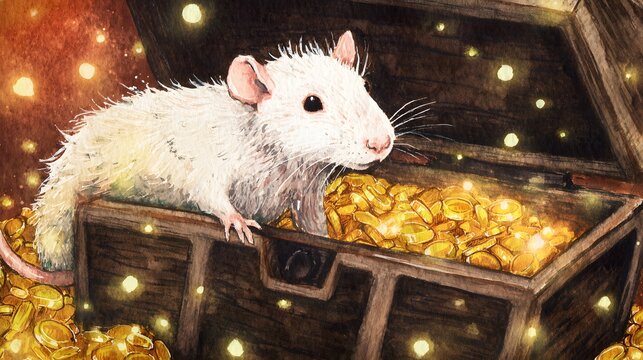 Whimsical watercolor rat guarding golden treasure a magical illustration of luck and warm wealth