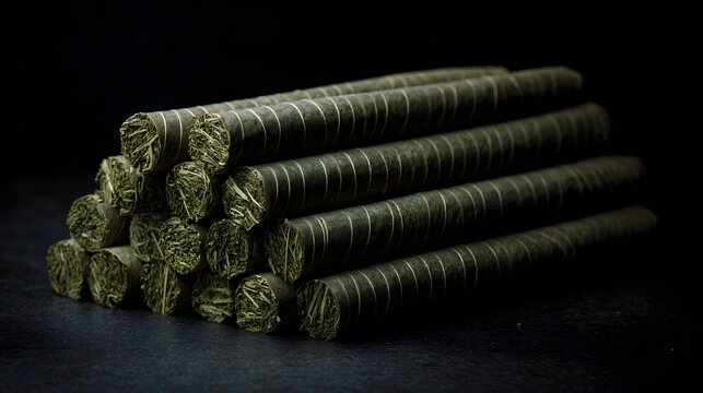 Intimate botanical detail showcases carefully crafted herbal pre-rolls on a dark textured surface