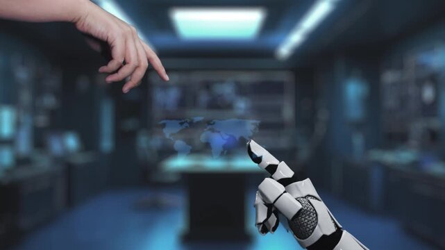 A robot hand reaches toward virtual human figures against a high-tech background, symbolizing the interaction between technology and humanity in a connected world. Auvana