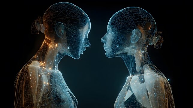 Two futuristic human faces with glowing lines and dots on black background