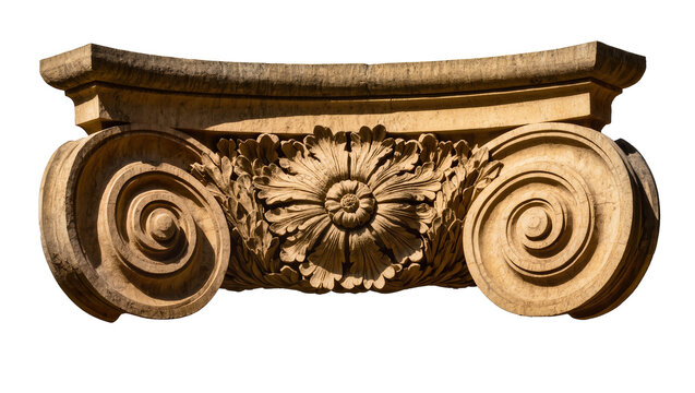 Ornate stone column capital with volutes and acanthus leaves, isolated on transparent background