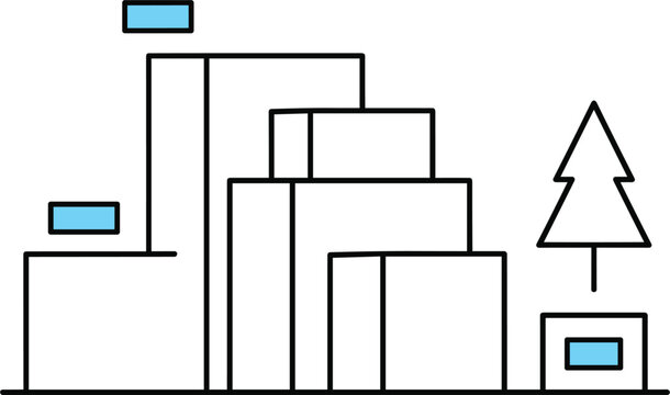 Minimalist Geometric City Skyline Vector Illustration Featuring Abstract Linear Buildings and Pine Tree for Modern Urban Planning and Real Estate Architectural Design