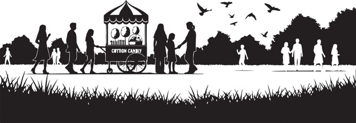 Fototapeta premium Black silhouette people walking, horse drawn carriage, birds flying, grassy landscape, vector illustration