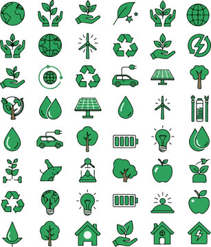 eco friendly sustainability icons set with green energy and environmental symbols