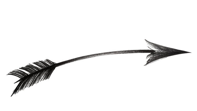 Hand drawn black feather arrow pointing right, isolated on transparent background