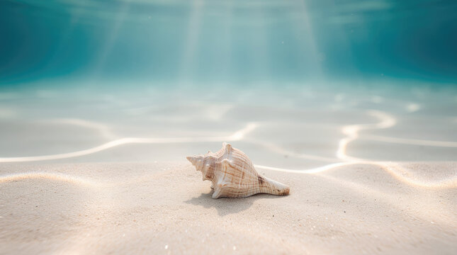 A detailed spiral seashell resting on the white sandy bottom of a clear tropical ocean with sunlight creating caustic light patterns on the sea floor