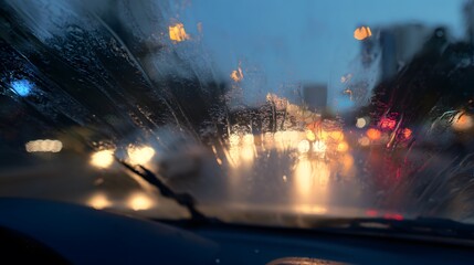 Fototapeta premium Rain lashed windshield wipers clear a blurred city view creating moody cinematic tension and atmospheric realism