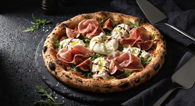 Gourmet pizza with fresh burrata cheese, prosciutto crudo, and sweet figs on dark stone