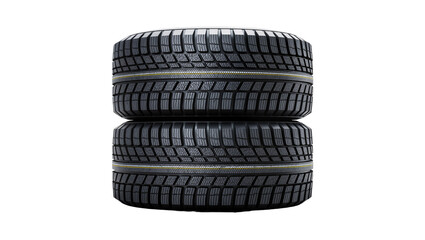 Two stacked black rubber car tires with deep treads, isolated on transparent background © Carlos