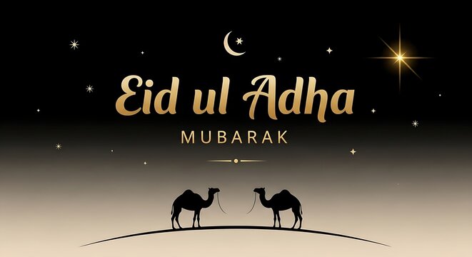 Elegant Eid ul Adha Mubarak greeting featuring gold typography and camel silhouettes against a starry black and gold background