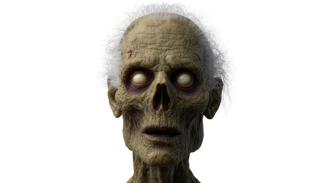 Decaying zombie head with white hair, isolated on transparent background