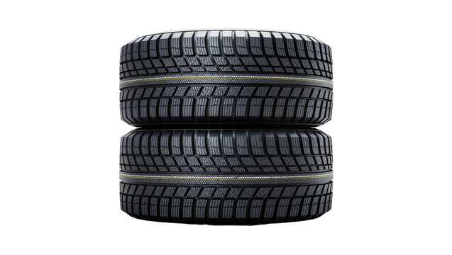 Two stacked black rubber car tires with deep treads, isolated on transparent background