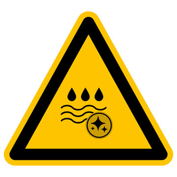 Hazard warning sign with liquid water drops and wavy lines icon combined with magical sparkles symbol representing artificial intelligence or cleaning chemistry technology