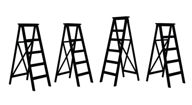 Four black ladders stand in a row depicted as a bold silhouette
