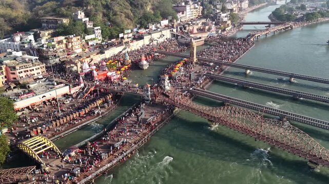 morning view of crowd at har ki pauri haridwar captured with drone 