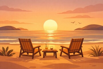 Fototapeta premium Two wooden beach chairs placed on a sandy beach with a small table and two drinks between them overlooking a calm ocean during a golden sunset