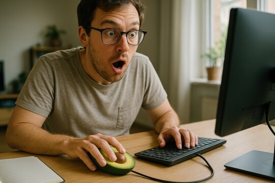 A surprised man staring at a computer screen using an avocado as a mouse humorously depicting creativity and absurdity in everyday home office life.