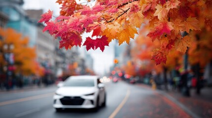 Autumn leaves frame a city street with a car in soft focus.