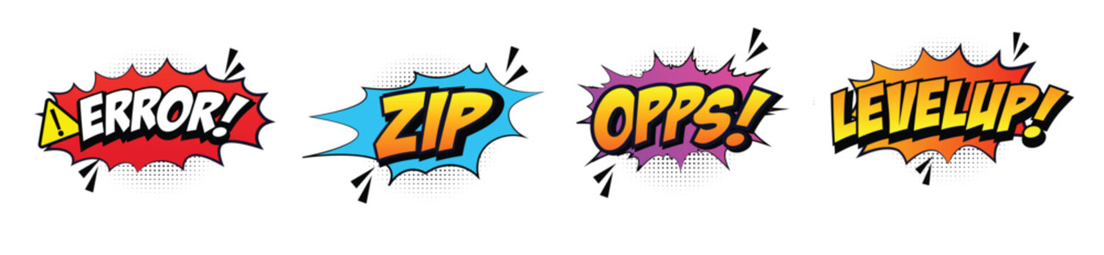 Comic Book Sound Effect Panels, Level Up, Zip, Opps and Error Message Bubbles