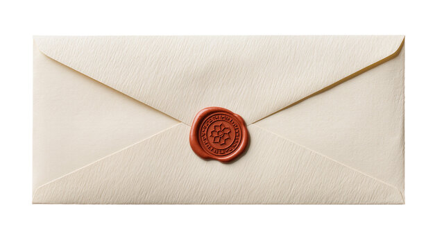 Cream textured envelope sealed with a round brown wax seal, isolated on transparent background