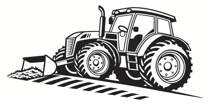 Black and white illustration of a modern agricultural tractor pushing dirt with a front loader agriculture machinery equipment construction cultivation countryside industry tractorart