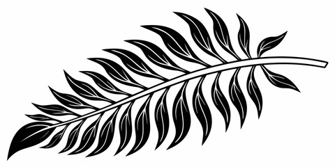 Black and white graphic illustration of a detailed fern leaf with botanical illustration silhouette isolated tropical minimalist greenery ornament stylized decoration background creative © RABBY