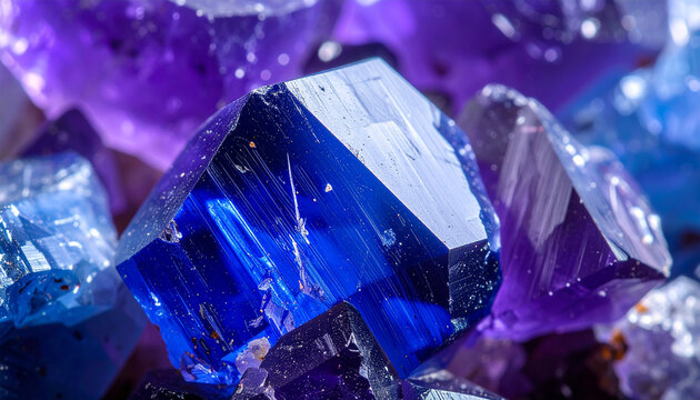 Deep blue and purple tanzanite crystal cluster, raw natural gemstones with sharp geometric facets, isolated on clean background