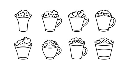 Obraz premium Set of outline icons depicting coffee cups with whipped cream, various toppings including hearts, for dessert menus or sweet treat illustrations